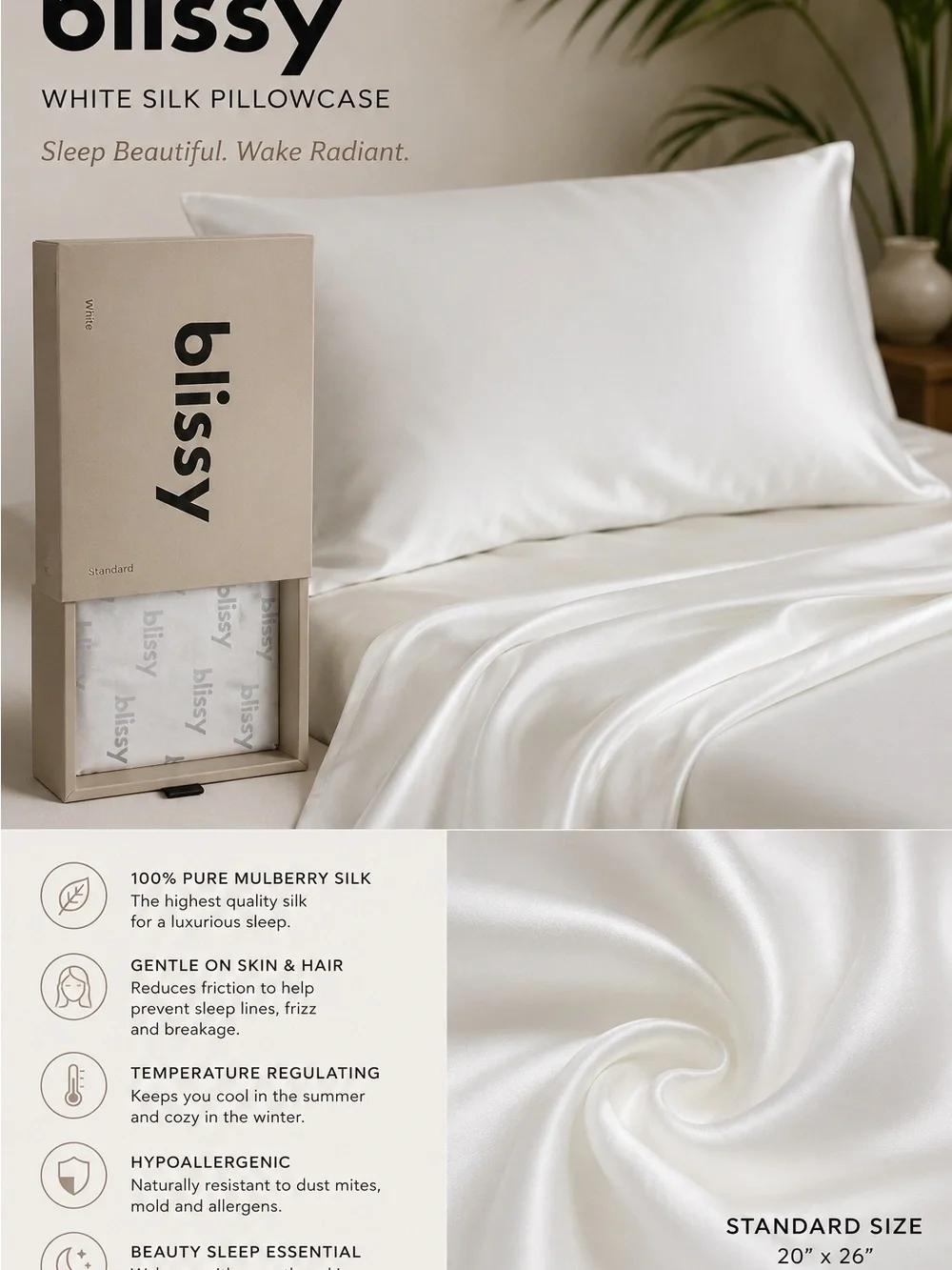 Bliss White Silk Pillowcase - Smooth Mulberry Satin Finish